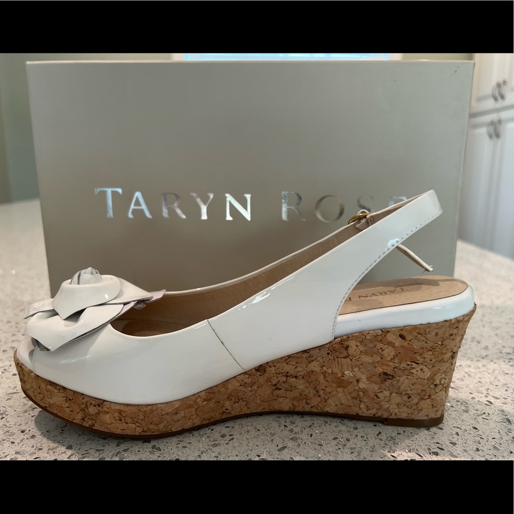 TarynRose white leather wedges.